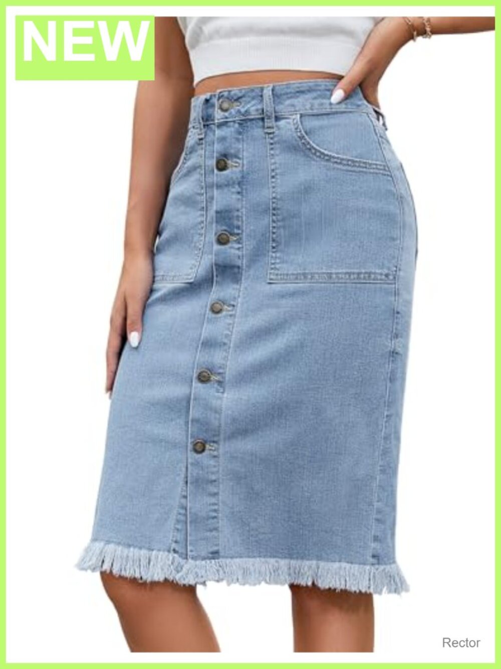 Mid Rise Button Down Raw Hem Denim Midi Skirt Casual